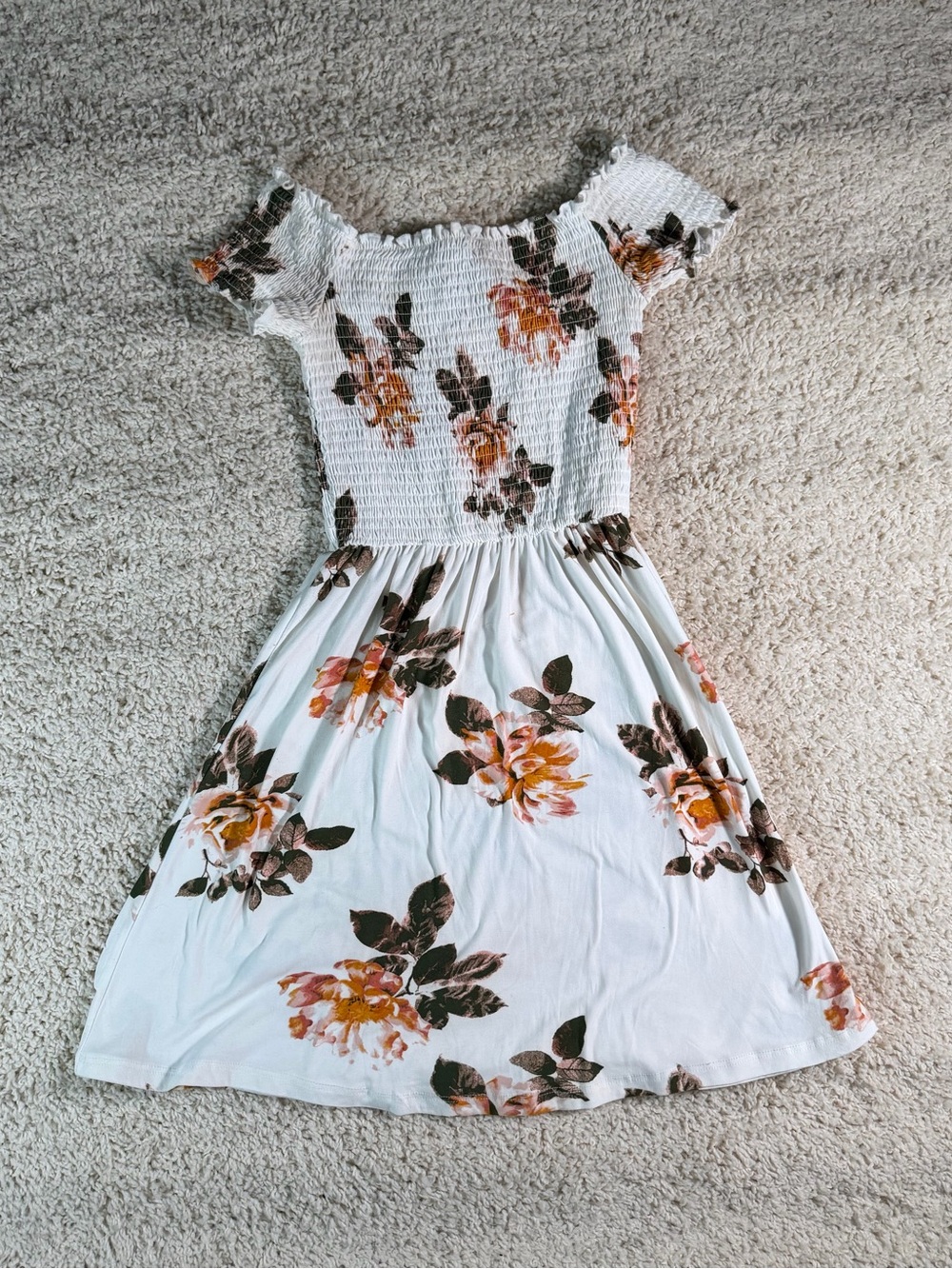 Rue21 White Floral Smocked Casual Dress with Yellow & Brown Flowers